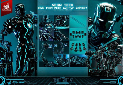 Hot Toys MMS672D50 Iron Man 2: Neon Tech Iron Man with Suit Up Gantry